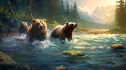 Grizzly bears fishing in a river. - obrazy, fototapety, plakaty