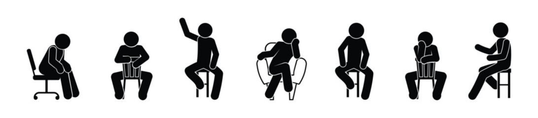 man sitting, chair icon, stick figure people resting, isolated human silhouettes
