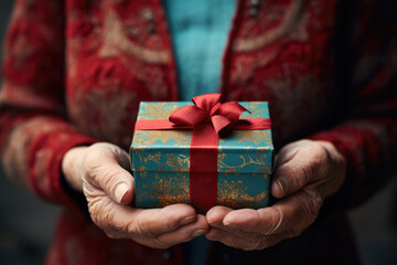 Grandmother, old woman holding a gift in her hands