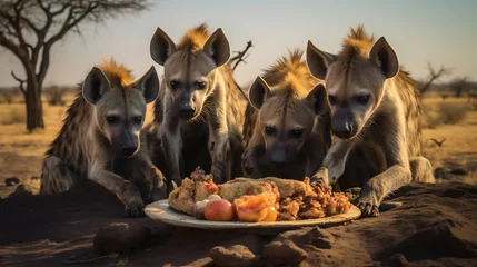 Papier Peint photo Lavable Hyène Hyenas scavenging for food.