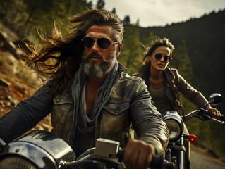 Fototapeta na wymiar stylish hipster middle age couple - bearded brutal male in sunglasses and leather jacket sitting on 2 two retro motorcycles and sensual girl riding together, ride on forest road background