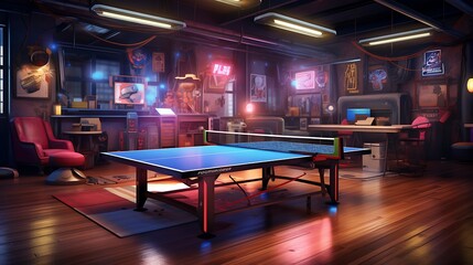 An eclectic entertainment space with a ping pong table and retro arcade machines