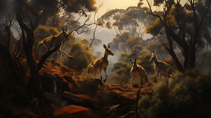 Kangaroos hopping through the bush. - obrazy, fototapety, plakaty