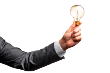 Man in suit presenting a glowing light bulb, isolated on white. Creativity symbol