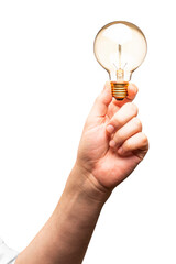 Hand gripping a light bulb on a white background, representing creativity and innovation