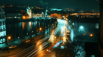 Fototapeta na wymiar Prague's Nighttime Pulse: Electric Streaks of Tram Lights Winding Past Waterfront Architecture and the Glowing Castle on the Hill.