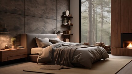 An earthy-toned bedroom with hidden storage solutions, combining warm browns, greens, and beige for a natural feel