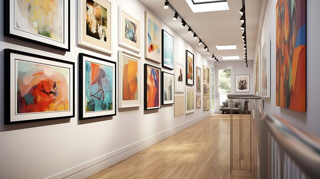 An art lover's gallery wall showcasing modern and abstract artworks in the hallway