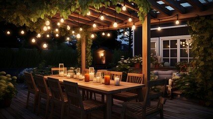 An alfresco dining space with a pergola, string lights, and a long dining table