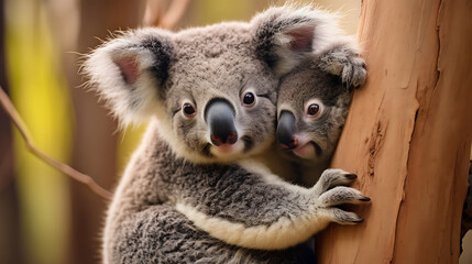 Koalas hugging eucalyptus trees.