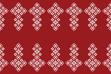 Traditional ethnic motifs ikat geometric fabric pattern cross stitch.Ikat embroidery Ethnic oriental Pixel red background. Abstract,vector,illustration. Texture,christmas,decoration,wallpaper.
