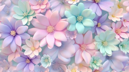 Seamless 3D Pattern with Pastel Flowers in Light Green, Pink, Lemon, and Blue Colors