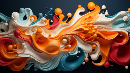 Golden Liquid Wave Texture with Orange Juice Splash and Abstract Design Elements , 3d illustration of abstract background with colorful liquid splashes. 3d rendering
