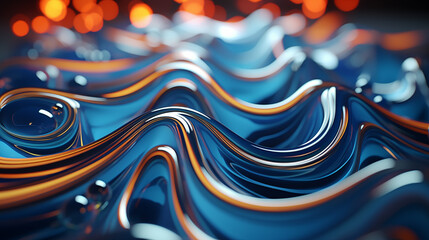 Blue and yellow abstract waves texture with metallic gold swirls and digital water flow...