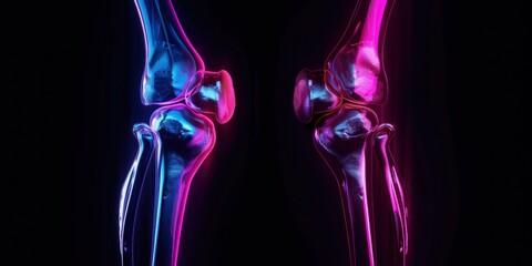 Radiographic Knee with Osteoarthritis, Panoramic Composition with Technology Colors and Neon Lighting, Glasses with Arm Joint for Lenses.