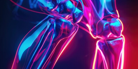Radiographic Knee with Osteoarthritis, Panoramic Composition with Technology Colors and Neon Lighting, Glasses with Arm Joint for Lenses. - obrazy, fototapety, plakaty