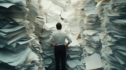 Stacks of papers piled high, forming towering mounds of documents. - obrazy, fototapety, plakaty