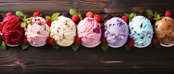 Set of different ice creams on wooden background. Horizontal banner