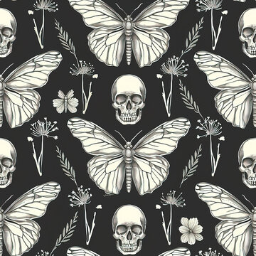 Skeleton vintage anatomy of the human body repeat pattern, dark goth black moth