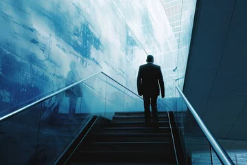Foto op Aluminium A businessman briskly ascends the stairs, representing the notion of advancing up the career ladder. © Murda