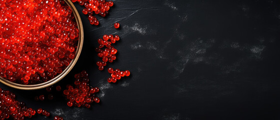 red caviar in a bowl on a dark background. Horizontal banner. Copy space for text