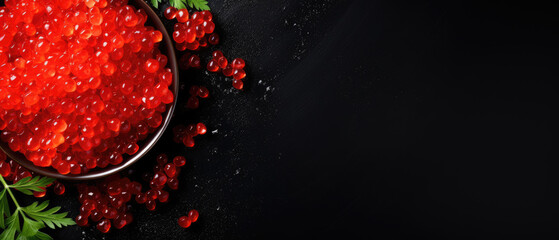 red caviar in a bowl on a dark background. Horizontal banner. Copy space for text