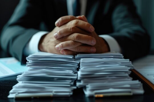 A businessman balancing a stack of paper documents.