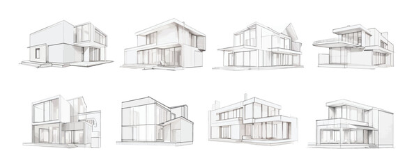 Architecture House Sketch Illustration. Modern 3d House Building Sketch Architectural. Minimalist Style, Vector Illustration - obrazy, fototapety, plakaty