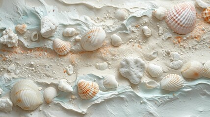 Fototapeta na wymiar sandy, beach texture with sorbet spring colors scattered as shells and stones