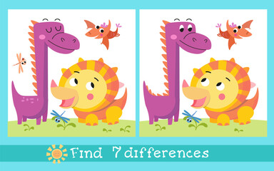 Obraz na płótnie Canvas Cute cartoon dinosaur. Flat stylised isolated simple illustration. Find 7 differences. Educational puzzle game for children. Vector graphics.
