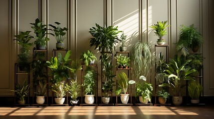 Utilizing a series of tall, thin potted plants as a natural room divider - obrazy, fototapety, plakaty