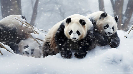 Pandas rolling in the snow.