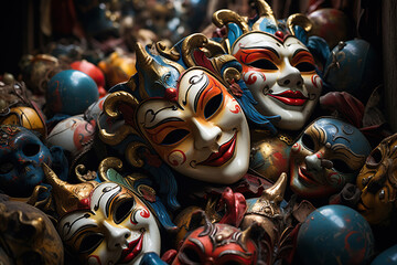 A bunch of carnival masks. Generated by artificial intelligence