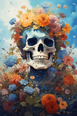 Skeleton skull in flowers in watercolor style