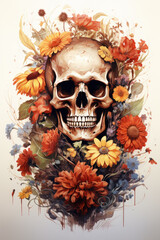 Bright colorful skull in flowers in watercolor style
