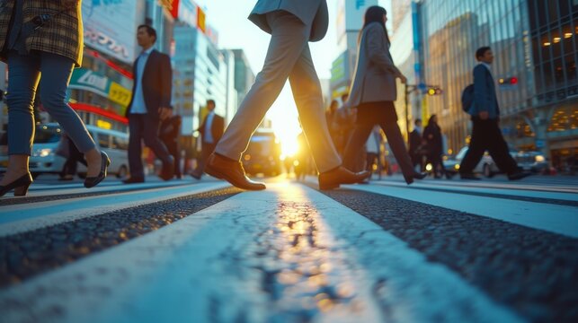 busy urban professional businesspeople walking in a city street - low angle shot