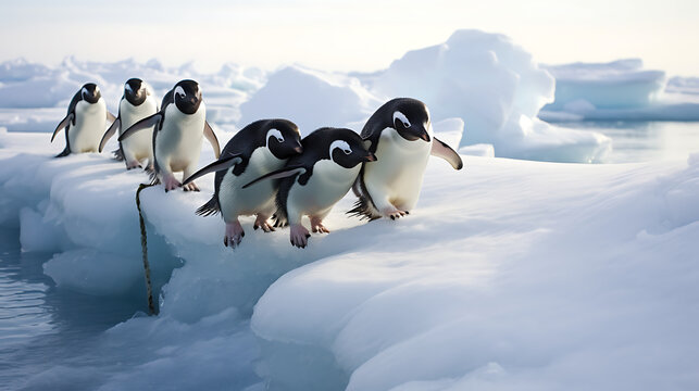 Penguins sliding on ice.