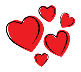 Red hearts with black contour isolated on white