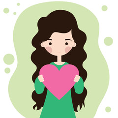 Cute white girl with a pink heart flat illustration