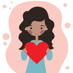 Cute black girl with a red heart flat illustration