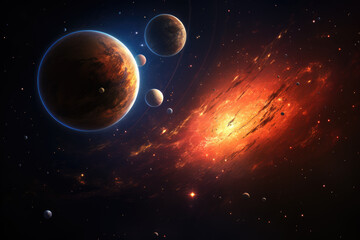 Futuristic sci-fi landscape with planets, stars and galaxy