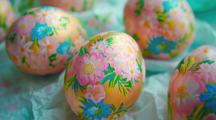 Fototapeta na wymiar Beautiful Easter eggs with colorful flower designs. Coloring eggs.