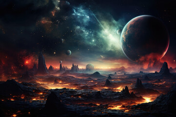 Futuristic sci-fi landscape with alien planet - obrazy, fototapety, plakaty