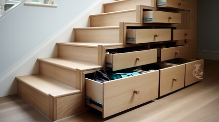 Elm wood hidden storage drawers beneath staircase steps - obrazy, fototapety, plakaty