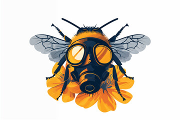 Flat vector style illustration. The bee with a gas mask. Isolated white background. Generative AI image.