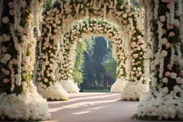 A romantic place - a blossoming park and an arch exquisitely decorated with flowers, a carpet...