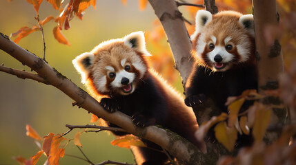 Red pandas playing in the trees.