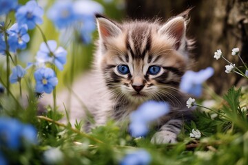 Naklejka na ściany i meble A striped kitten with wide open blue eyes lays on side between flowers