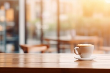 Fototapeta premium Beautiful and stylish abstract blur cafe and restaurant for background where a cup of latte stands on the side on a table with space for text