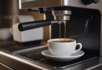Espresso machine pouring coffee into elegant cups in a modern cafe.